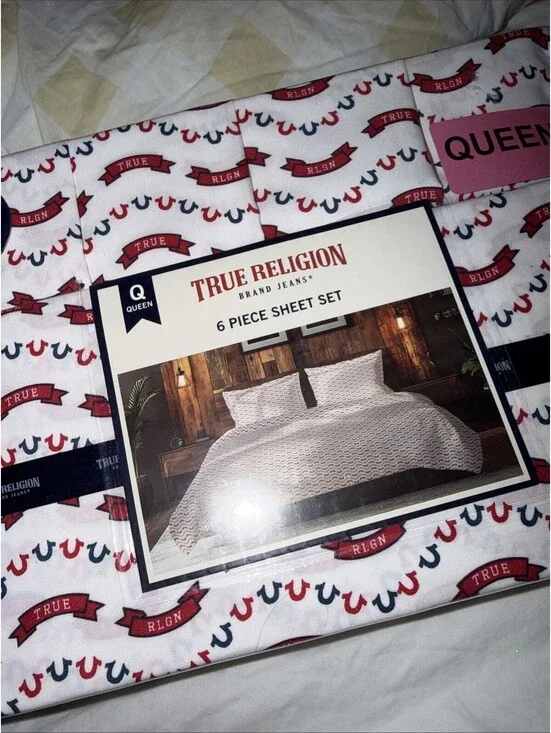 True Religion Red, Blue Logo Queen 6 Piece Sheet Set