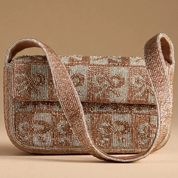 Anthropologie Fiona beaded shoulder bag bows metallic bronze mixed coquette