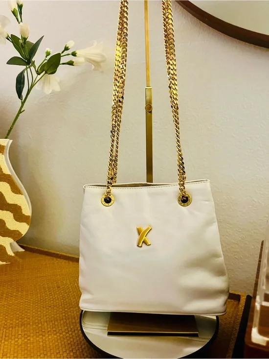 Vintage Paloma Picasso White Leather Mini Shoulder Crossbody Handbag Gold Chain