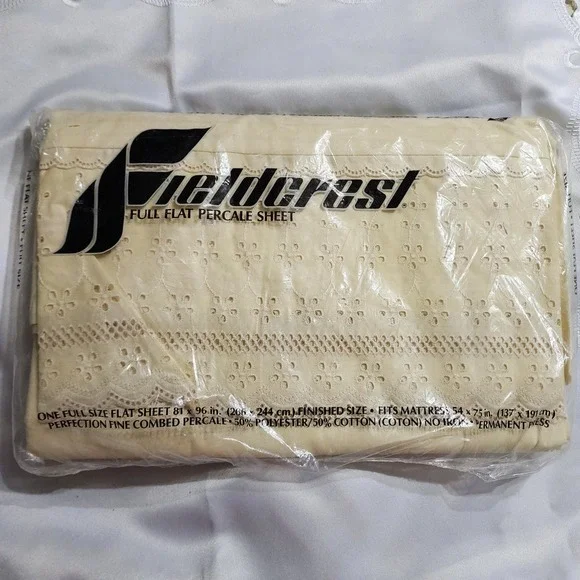 Fieldcrest Trousseau Lace Full Flat Sheet Vintage Eyelet Percale Cream New