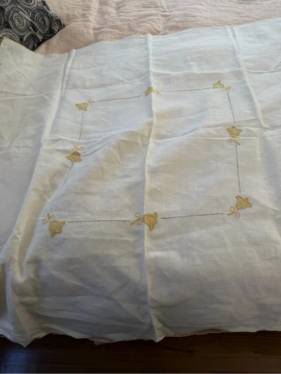 Classic White Linen Embroidered Tablecloth with Gold Accent