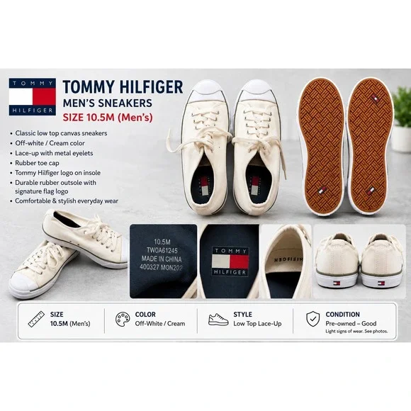 Tommy Hilfiger Mens 10.5M Canvas Low Top Sneakers White TM04612 Lace Up Shoes