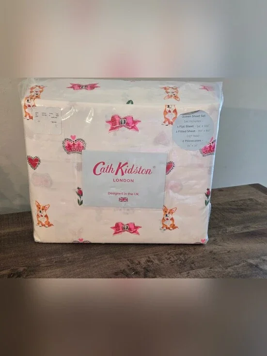 NWT! Cath Kidston Corgi Dogs Royal Ditsy Ruby Queen Size Sheet Set - 100% Cotton