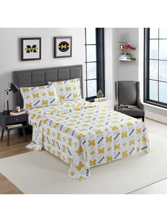 NCAA Full Size Sheet Set - Michigan Wolverines Team Logo Bedding for Dorms