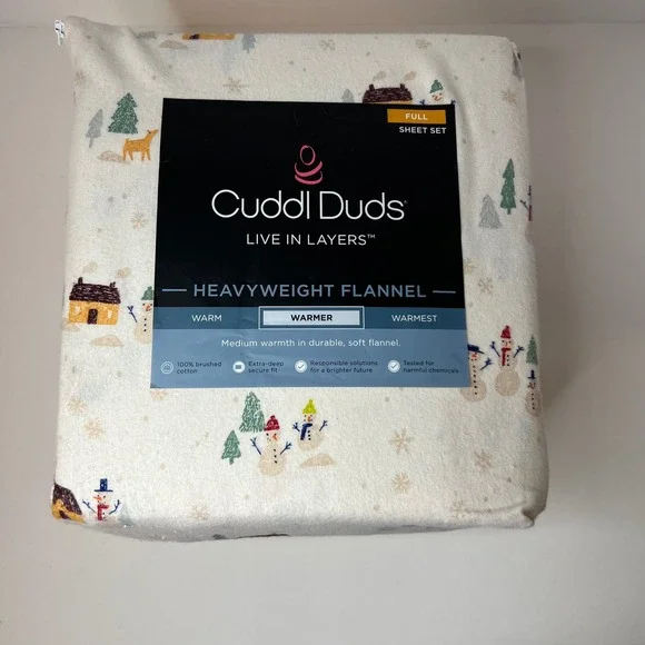 Cuddl Duds Brushed Cotton Full Sheet‎ Set Scenic Snowmen NIP Heavyweight Flannel