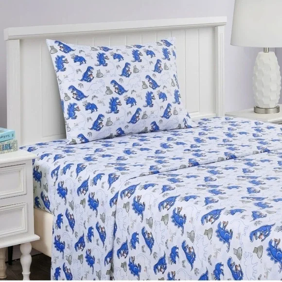 🆕 Gaming Dinosaur Sheets Twin Set in Velcro Storage Bag Blue White