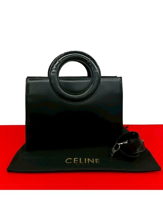 Celine Circle Logo Leather 2-Way Shoulder Bag Mini Tote Black