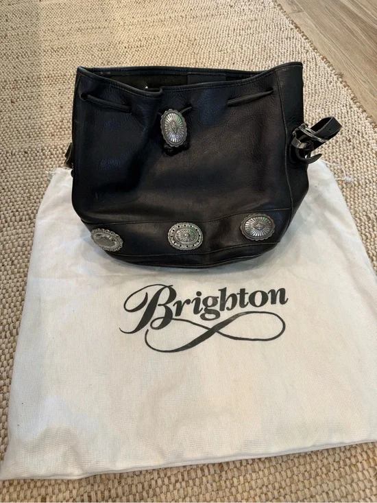 Brighton Black Leather Drawstring Shoulder Bag with Concho Medallions