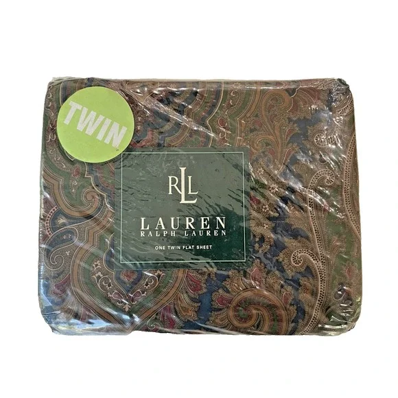New Vtg Ralph Lauren Brianna Paisley‎ Blue Green TWIN Flat Sheet NIP