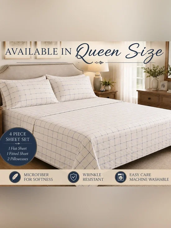 Queen Size Set Room Essentials White and Blue Plaid Microfiber Sheet Set