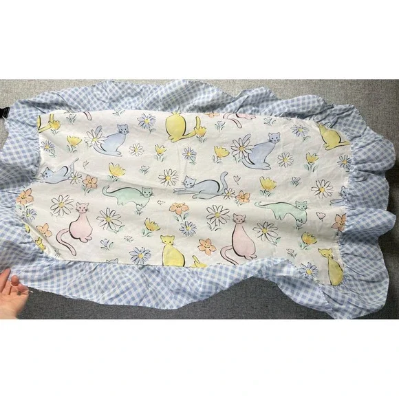 Vintage 80s/90 Baby Bedding Crib Mattress Cover Sheet Blue Gingham Floral‎ Cats