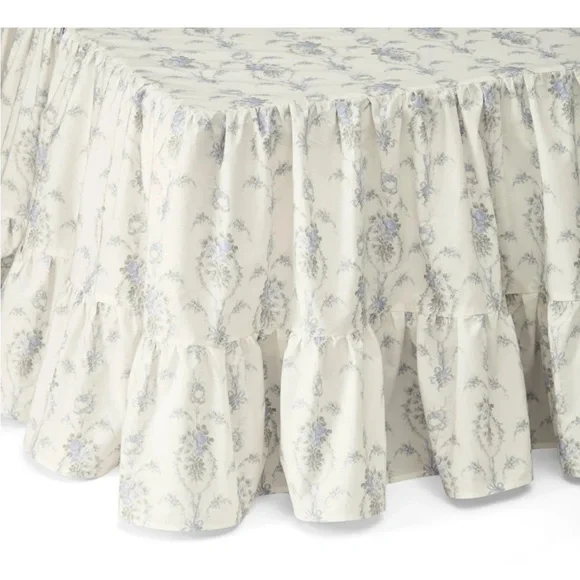 LoveShackFancy Cream Floral Ruffled Bedskirt with Light Blue Accents