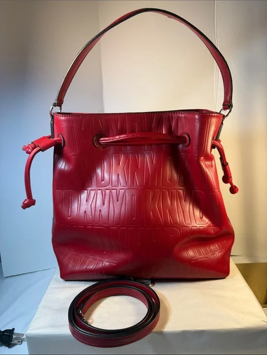 Dkny Red Embossed Logo Bucket Shoulder Bag