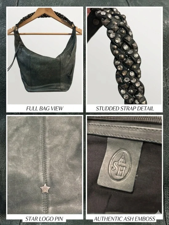 ASH deep green Distressed Leather Studded Braided Strap Hobo Shoulder Bag