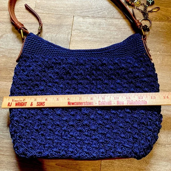 The Sak Navy Crochet Shoulder Bag with Brown Leather Straps