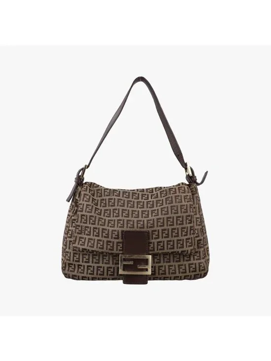 Fendi Mamma Bucket Zucchino Pattern Brown Canvas Leather Handbag