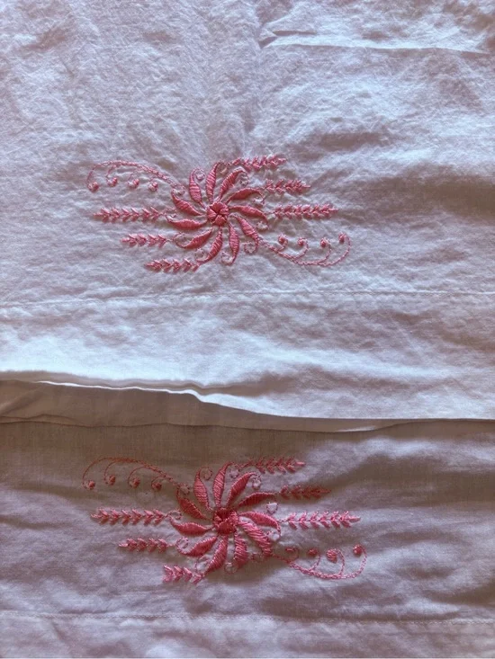 White cotton pillowcases  with Pink Floral Embroidery
