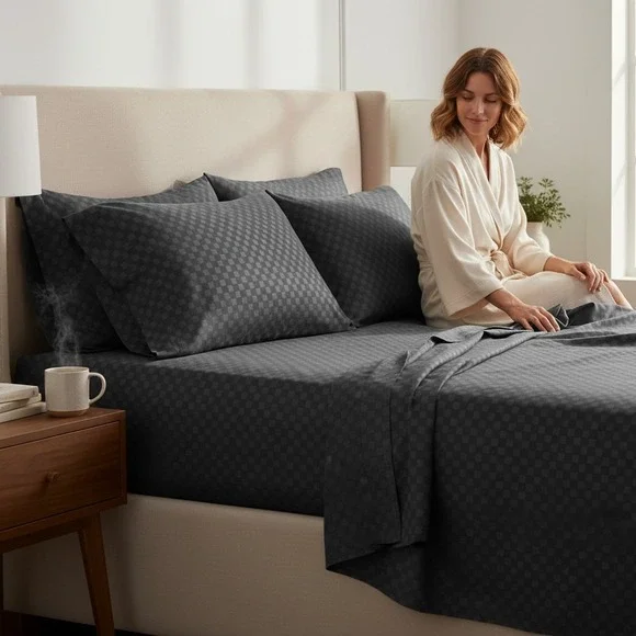 Cosy House Queen Bed Sheets Black Checkered Dots 1800 Series 6pc Set New