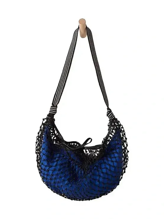 NWT new free people silver springs sling bag black netting netted blue