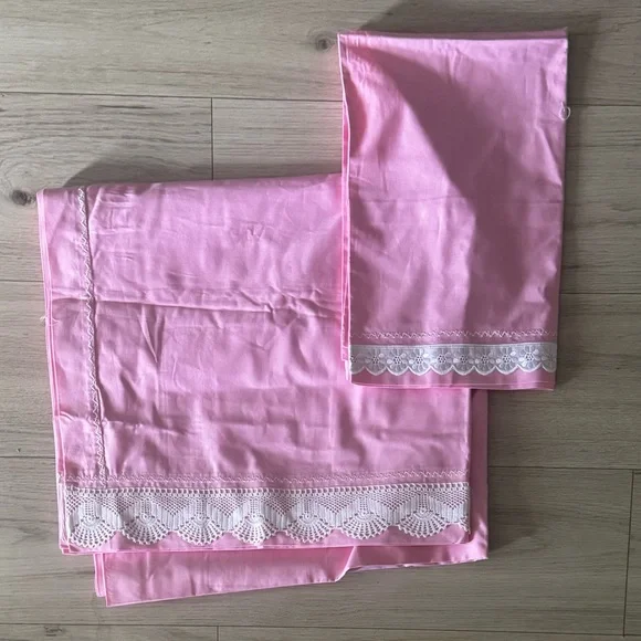 New Vintage Pink Cotton Sheet and Pillowcase Set Crochet Lace Cottagecore twin