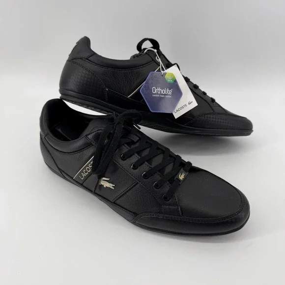 Lacoste Sneakers Mens 11.5 Black Chaymon 0721 3 CMA Leather Low Top Gold Logo