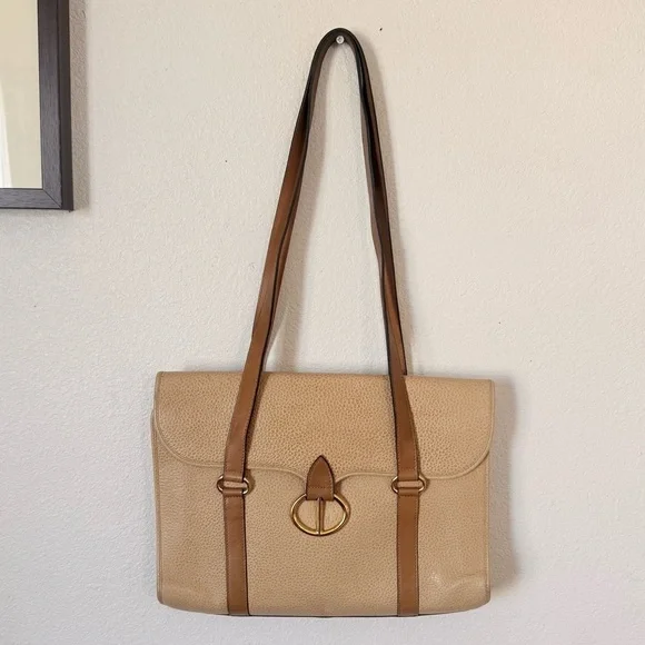 Christian Dior Vintage Tan Leather Double Handle Shoulder Bag with Gold CD Logo