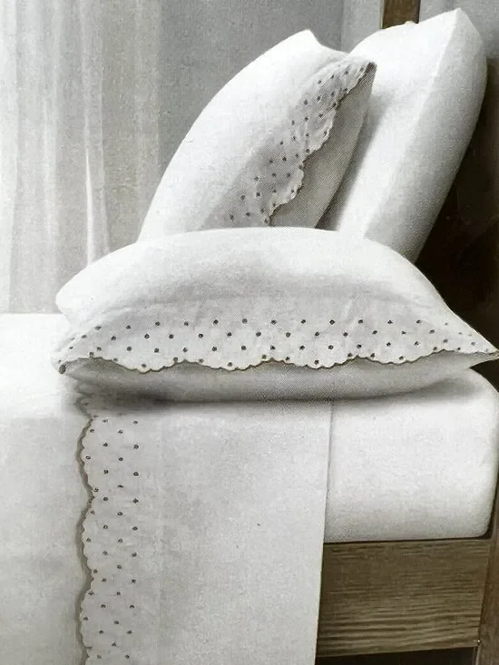 Shabby Chic Embroidered Cotton Queen Sheet Set Scallop Dot NATURAL TAN BEIGE