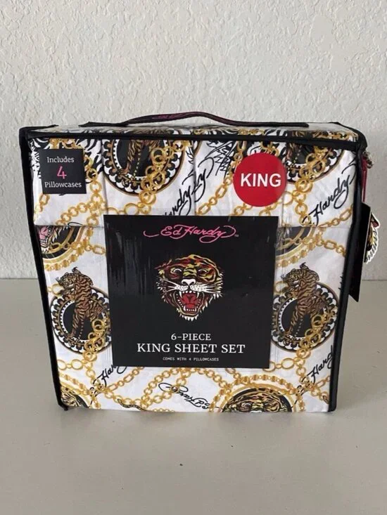 6 Piece Ed Hardy KING Size Sheet Set Americana Asian Tattoo Tiger Print White