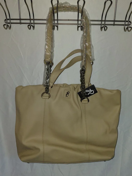 Rachel Zoe Cream Leather Tote with Chain-Accent Straps