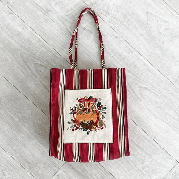 Longaberger Holiday 2005 Homestead Stripe Embroidered Tote Bag Purse