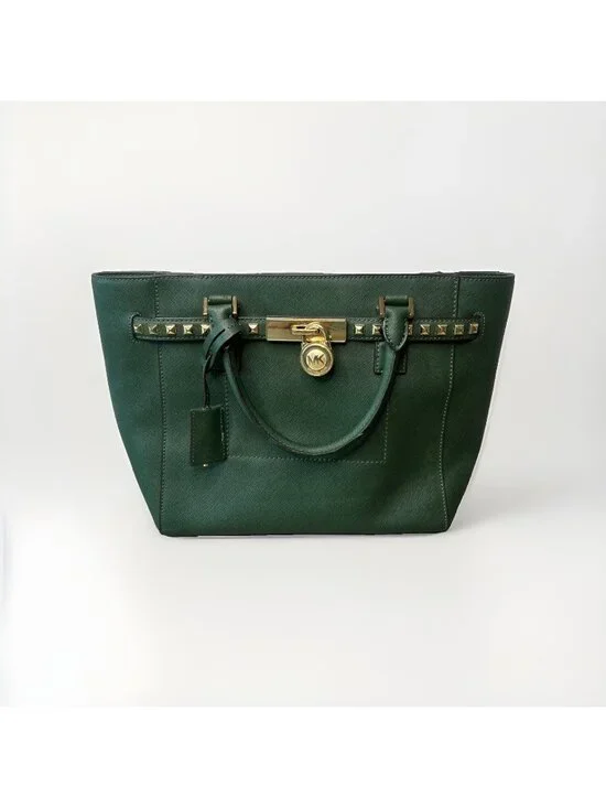 Michael Kors Green Hamilton Gold Studded Saffiano Leather Tote Purse Bag Preppy