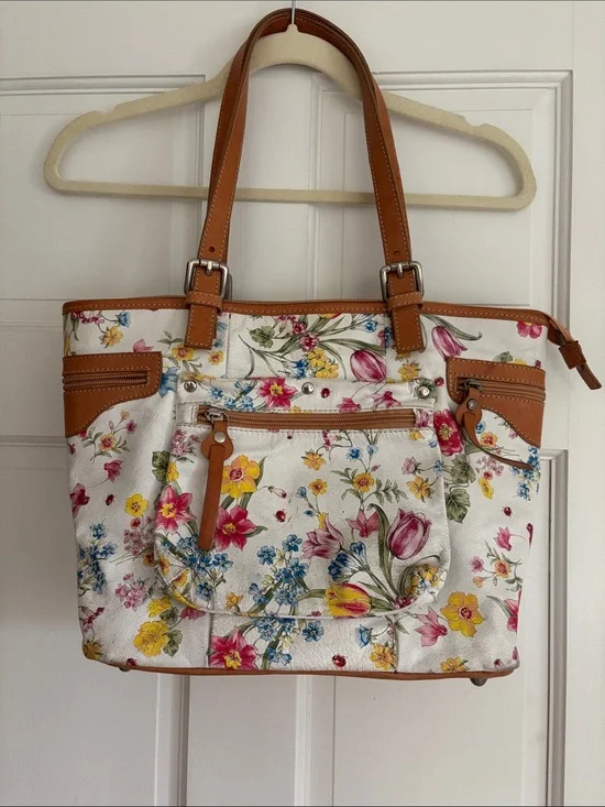 Women's Floral Tote Bag with Tan Trim