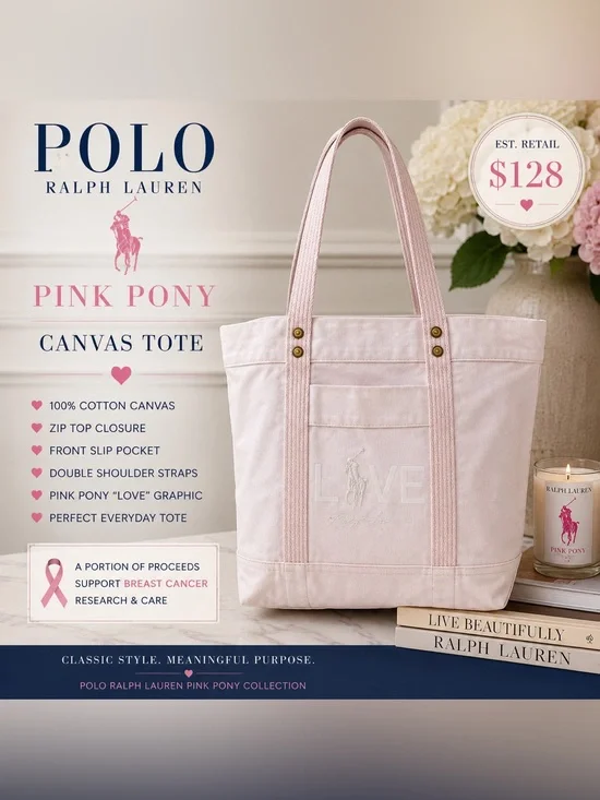 Polo Ralph Lauren Pink Pony LOVE Canvas Tote Bag Breast Cancer Collection