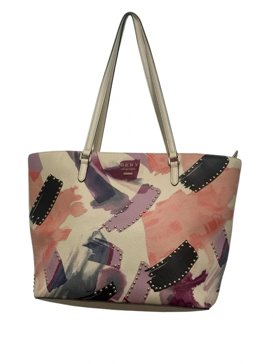 DKNY tote bag,abstract watercolor print with studded leather patches CHIC BAG  L