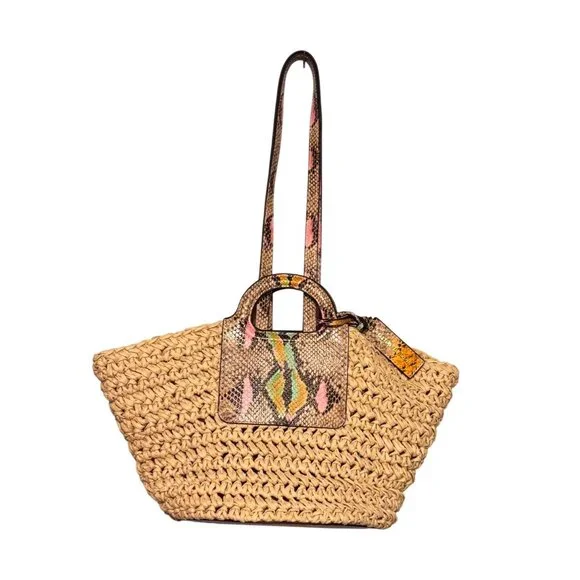 Vince Camuto Lena Straw Tote Bag Faux Snakeskin‎ Duo Handles Boho Chic Beachy