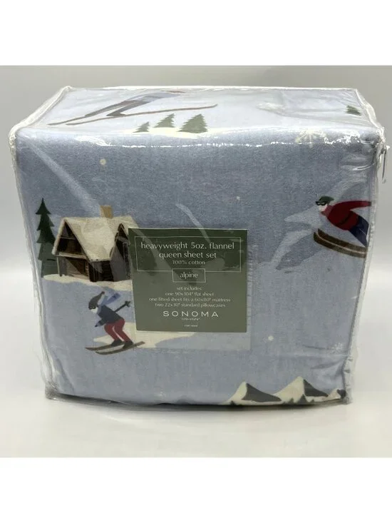 Sonoma Queen Flannel Sheet Set Blue Alpine Ski Lodge Fitted Flat Pillowcases