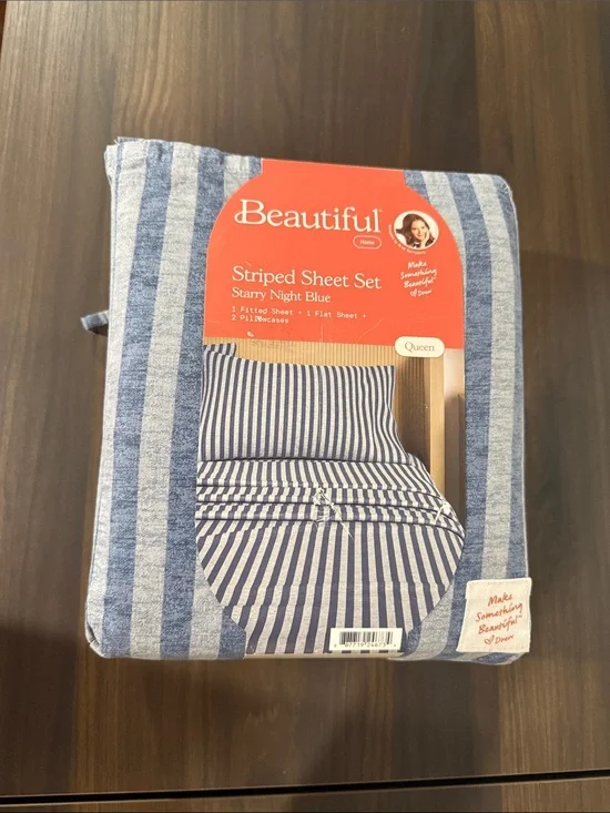 Starry Night Blue Striped Sheet Set - Queen