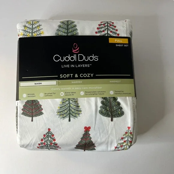 Cuddl Duds Soft & Cozy Full Sheet Set Christmas Trees White Green Red NIP‎
