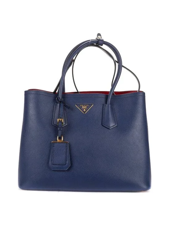 Prada Cuir Double Handle Tote Navy Red Saffiano Leather