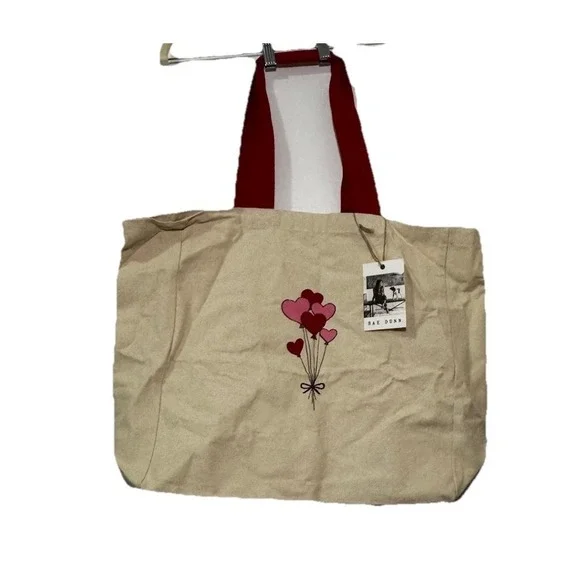 Rae Dunn Valentine's‎ Day Tote Bag NWT Canvas Floating Hearts Red Straps Large