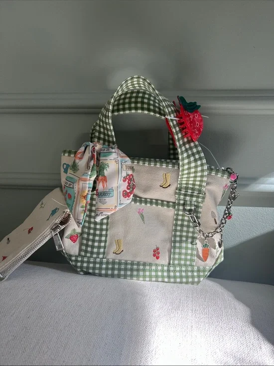 Madden Girl Green Gingham Canvas Tote with Fruit clip and Scarf