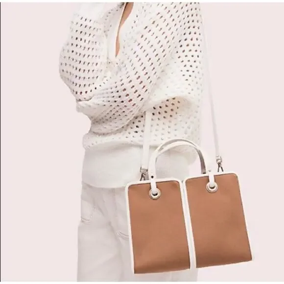 Kate Spade Sam Canvas Satchel Blazer Brown White Leather Trim Shoulder Bag Purse