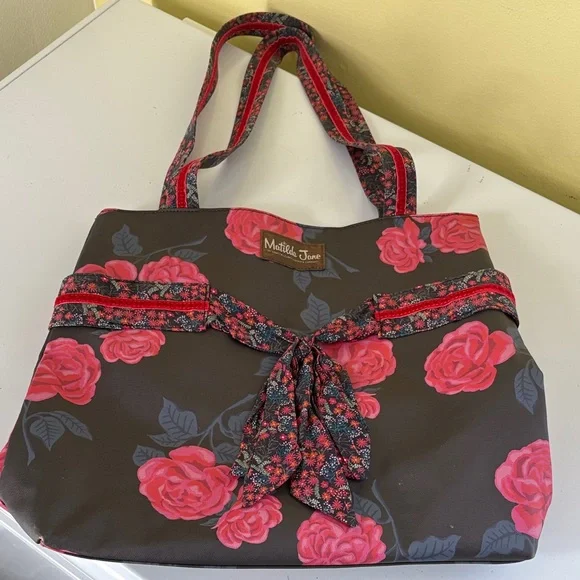 Matilda Jane Waxed Cotton Dark Gray/Black and Pink Floral Shoulder Snap Top Tote
