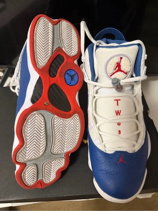 Jordan men’s White, Blue & Red Retro Basketball Sneakers worn twice like new