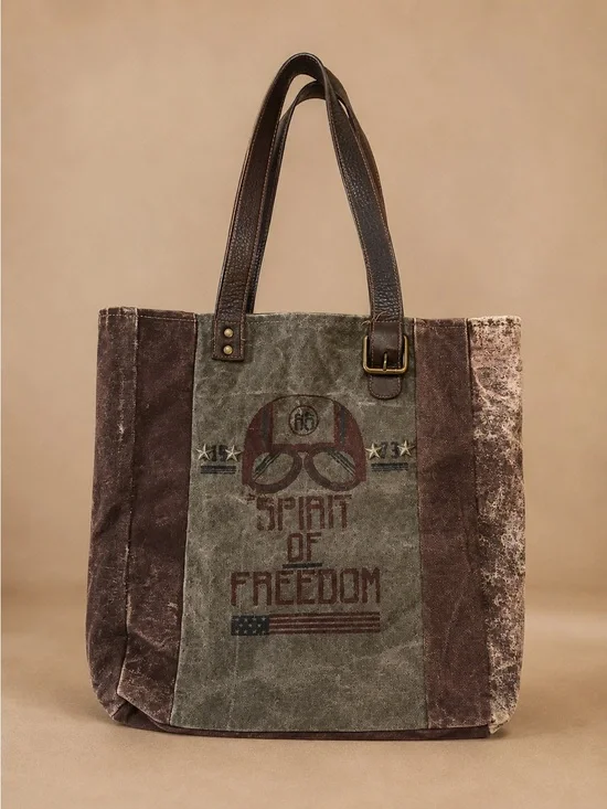 Mona b Vintage Style Distressed Canvas and Leather “Spirit of Freedom” Tote Bag