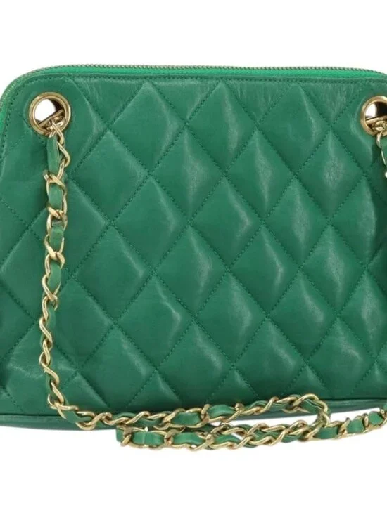 CHANEL Matelasse Chain Shoulder Bag Satin Green Gold CC Auth 168432