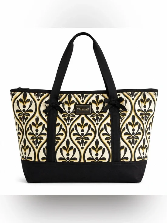 Talbots Black Cream Damask Print Tote Bag Structured Zip Top Purse