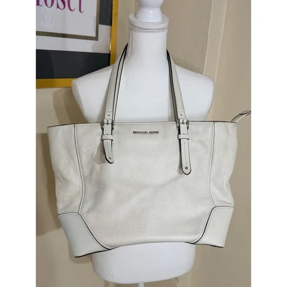 Michael Kors Bedford Large Pocket Tote White Pebbled Leather Shoulder Bag Silver