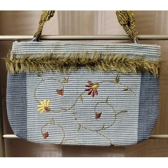 Blue Floral Embroidered Tote Bag Purse 12
