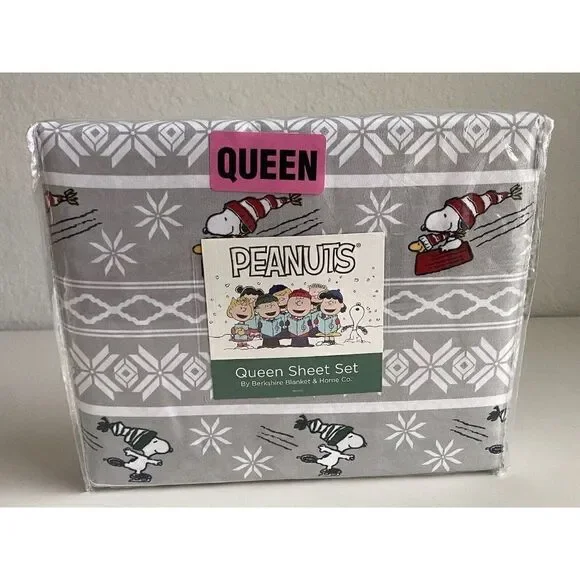 Peanuts Snoopy Sledding Ice Skating‎ Winter Queen Size Super Soft Sheet Set NEW